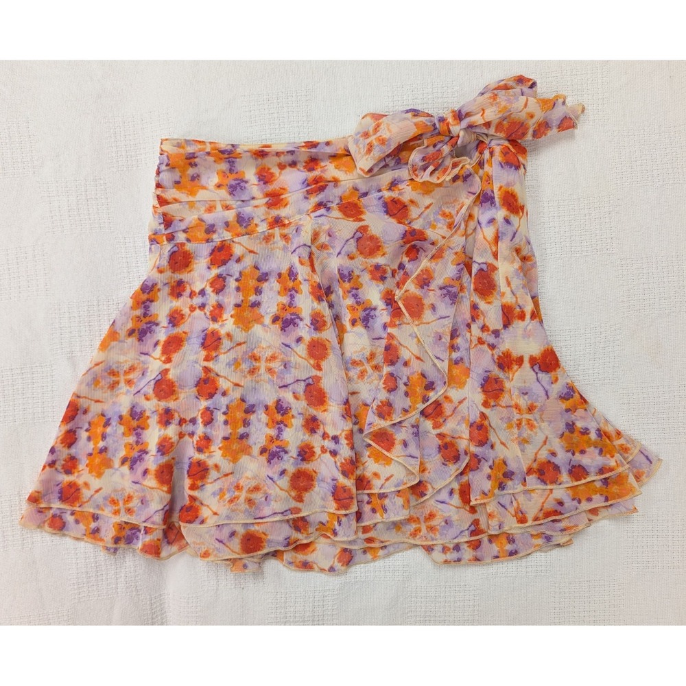 Aerie Floral Wrap Mini Skirt Size M Orange Purple Ruffle Tie Waist